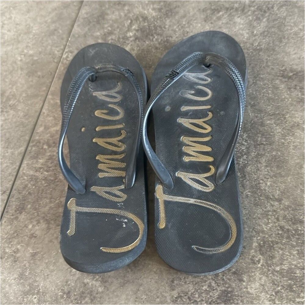 Jamaica Men's Black Flip Flop Sandals w/ Logo Accent Slip-On Casual Summer